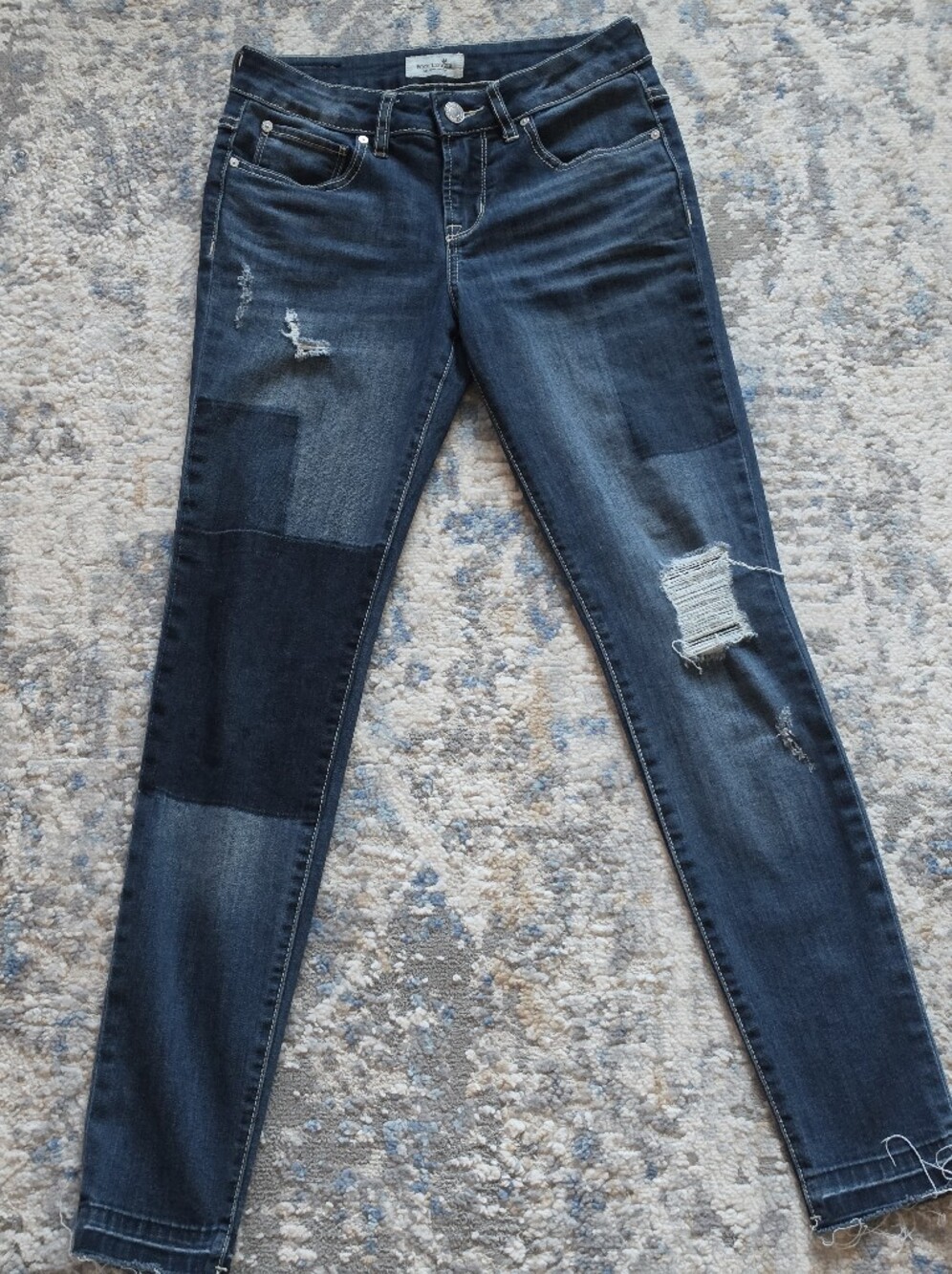 Bootlegger Distressed Patchwork Skinny Jeans Dark Wash Raw Hem